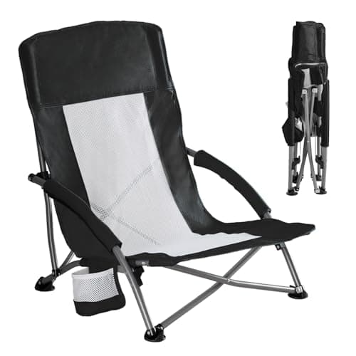 DUMOS Low Beach Chair for Adults, Lightweight Folding Portable Beach Chair with Cup Holder, Storage Pocket, Breeze Mesh Back, Padded Armrests, Low Profile Chair for Camp, Picnic, Lawn, Sand, Black