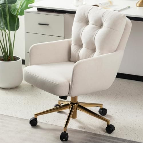 BALIAA Flannel Office Chair, Comfy Home Office Desk Chairs with Lumbar Support, Modern Velvet Desk Chair Gold Legs Small Swivel Task Chair for Home Office, Bedroom, Study (Beige, L)