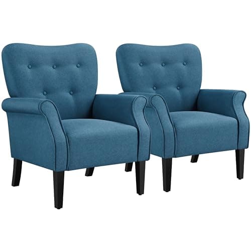 Yaheetech Modern Armchair, Mid Century Accent Chair with Sturdy Wood Legs and High Back for Small Space, Upholstered Fabric Sofa Club Chair for Living Room/Bedroom/Office, Set of 2, Navy Blue