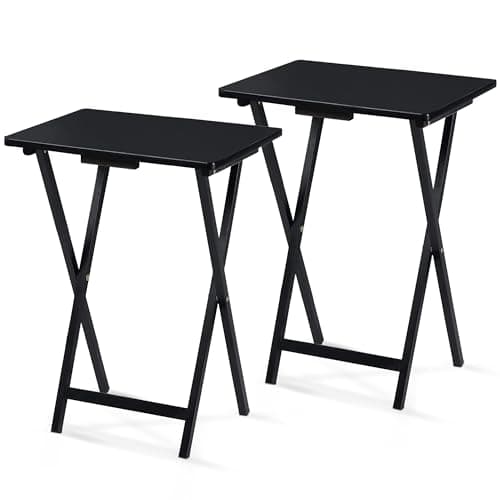 PJ Wood 2-Pack Folding TV Tray Set, Black - Collapsible Portable Snack Serving Tables, Home Furniture for Living Room, Bedroom, and Kitchen