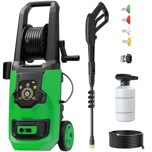 QIOMALA Electric Pressure Washer, 5400 PSI 3.6 GPM Adjustable Touch Screen, 35 FT Power Cord with 20 FT Pressure Hose, 4 Nozzles, Hose Reel, Foam Cannon for Car/Patio/Garage