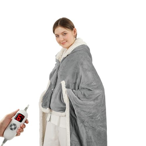 COZYTY Heated Blanket Wearable Shawl - Electric Wrap Poncho Heated Throw Blanket with Hand Pockets, 50 * 64", 6 Heating Levels & 1-4H Timer, Ideal for Family, Light Grey