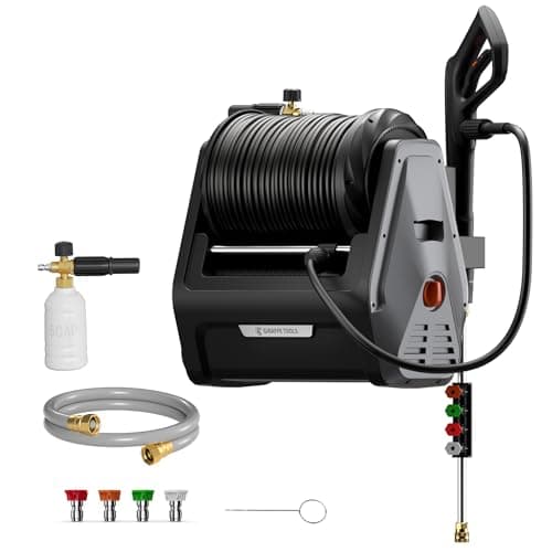Giraffe Tools Grandfalls Pressure Washer, Electric Wall Mount Power Washer with 100FT Retractable Pressure Hoses, 2900PSI, 2.2GPM, 4 Nozzles, Foam Cannon for Cars/Patios, Dark Silver