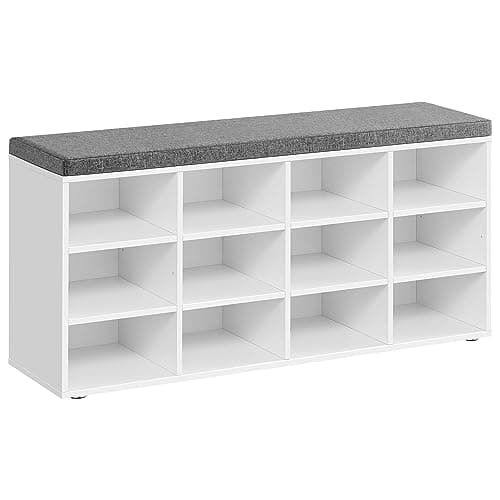 VASAGLE CUSTOS Collection - Shoe Bench, Storage Bench with Padded Seat, Entryway Bench with 12 Compartments, for Bedroom, 11.9 x 40.9 x 18.9 Inches, Cloud White and Slate Gray ULHS012W14