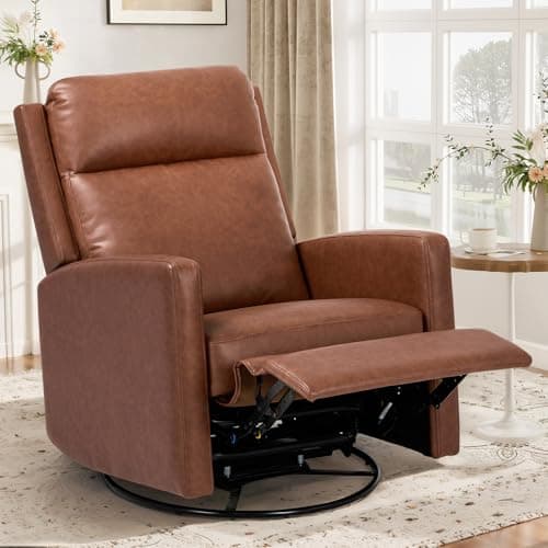 COLAMY Swivel Rocking Recliner,Wide PU Leather Glider Sofa Chair with Ergonomic High Backrest for Living Room, Office, Bedroom(Cocoa)