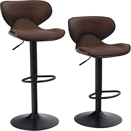 ALPHA HOME 2 Pack Brown Bar Chairs, 360 Swivel Stools with PU Leather, Adjustable Counter Height, Sturdy Metal Frame, 300 Lbs Capacity, 28-33 Inches Seat Height