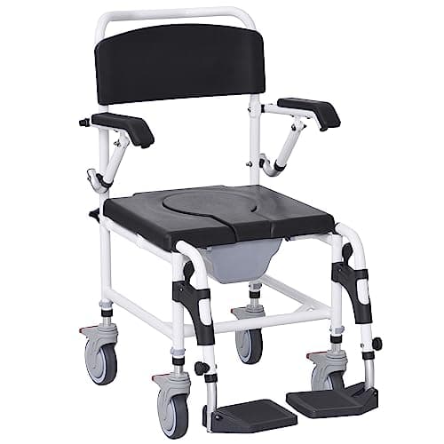 HOMCOM Accessibility Commode Wheelchair, Rolling Shower Wheelchair with 4 Castor Wheels, Rectangle Detachable Bucket, & Waterproof Design, 17" Seat Width, Black
