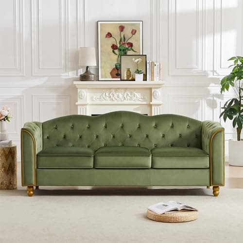 HITHOS 78" Velvet Sofa Couch, Soft 3 Seater Sofa Couche for Living Room, Button Tufted Comfy Couch Modern Sofa with Upholstered Cushion, Gold Trim, Solid Wood Legs for Dorm Bedroom Apartment, Green