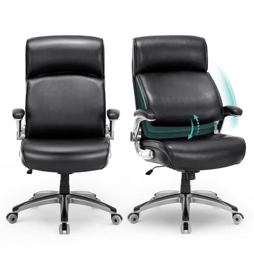 COLAMY High Back Office Chair Big and Tall 300lbs, Ergonomic Desk Armchair with Adjusatble Lumbar Support, Upgraded Casters, Flip-Up Padded Arms, Leather Home Chair with Thick Cushion-Black