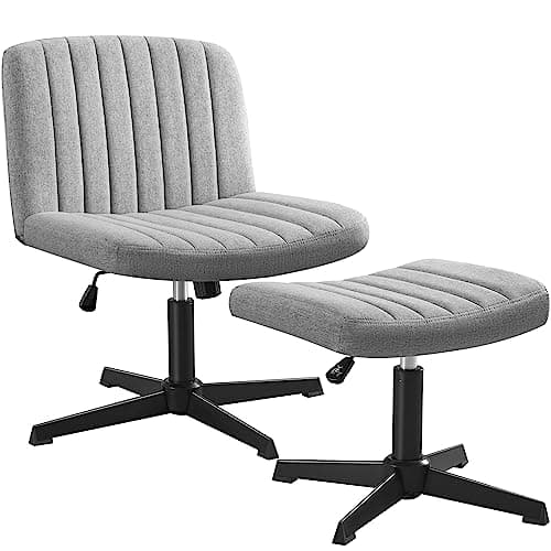 Flamaker Desk Chair No Wheels Arms, Armless Office Chair with Ottoman, Cross Legged Wide Fabric Padded Home Office Chair Task Chair for Living Room, Office (Light Grey)