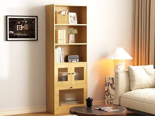 Seeday Bookshelf with Doors, Black Bookcase, Wooden Bookshelves with Cabinet Doors, 70-Inch Tall Bookcase for Home, Office, Living Room, and Study Room, Natural Wood Color