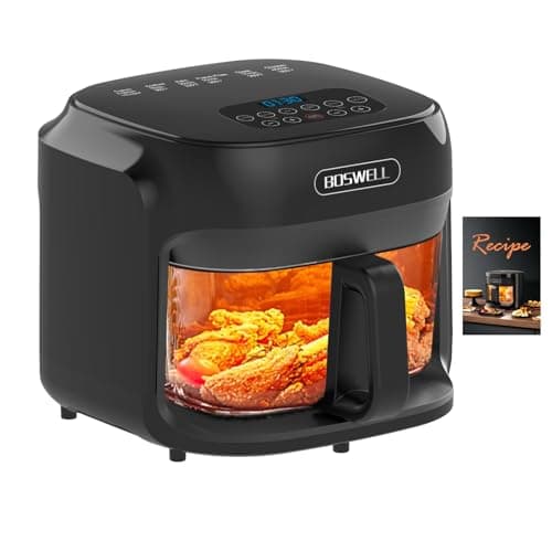 BOSWELL Glass Air Fryer, 7.5QT with Transparent Fry Bowl, Circulating Heating, Temperature Control, Stainless Steel Air Fryer Roast, Dishwasher Safe (Black)