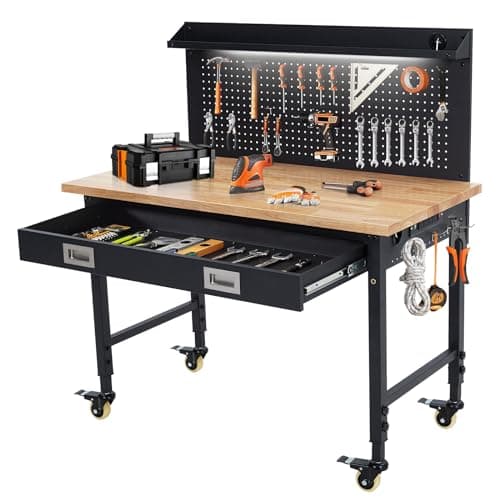 ACONEE 48" x 24" Adjustable Workbench 2000 Lbs Capacity, Rubber Wood Shop Table Heavy Duty Workstation with Drawer Table, Backplate, Metal Frame, Wood Top Workbench for Workshop Office Home Garage