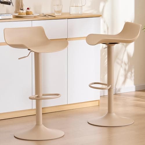 YOUNIKE Adjustable Height Bar Stools Set of 2 Plastic Swivel Barstool with Low Back Modern Kitchen Counter Island Bar Chairs for Breakfast Nook Cafe Bars Light Khaki