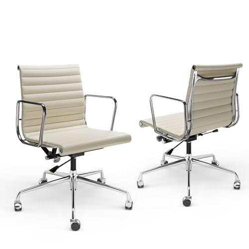 OTDMEL Ribbed Office Chair with Top Grain Leather - Mid Back Ergonomic Desk Chair with Aluminum Arms & Frame, Swivel Wheels & Tilt Function, Adjustable Height