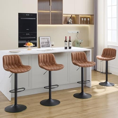 FIRAVOE Swivel Bar Stools Set of 4, Brown Counter Height Bar Stools with Back, Adjustable Bar Stool 25"-33", Modern Faux Leather Barstools for Kitchen Island (Brown, 4PCS)