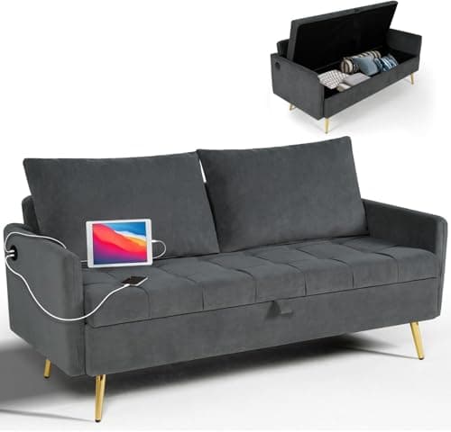 LINLUX 60" W Velvet Loveseat Sofa Couch with Storage, Small Love Seat Couches for Bedroom, Living Room, Office, Dorm, Comfy Cushion, 2 USB Charging Ports, Dark Grey