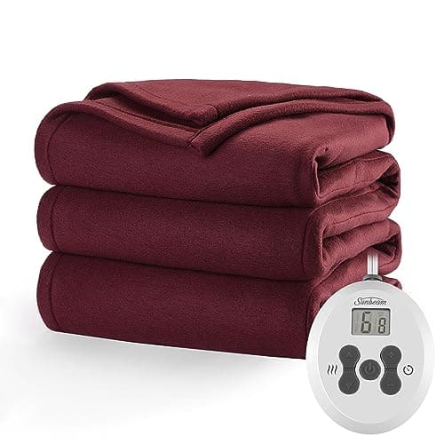 Sunbeam Royal Ultra Fleece Heated Electric Blanket Twin Size, 84" x 62", 12 Heat Settings, 12-Hour Selectable Auto Shut-Off, Fast Heating, Machine Washable, Warm and Cozy, Cabernet