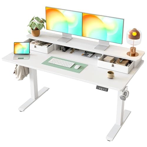 TIQLAB Standing Desk with Two Drawers, Stand Up Standing Desk Adjustable Height, Electric Sit Stand Table with Storage Shelf and Splice Board, 55 * 24 inch, White