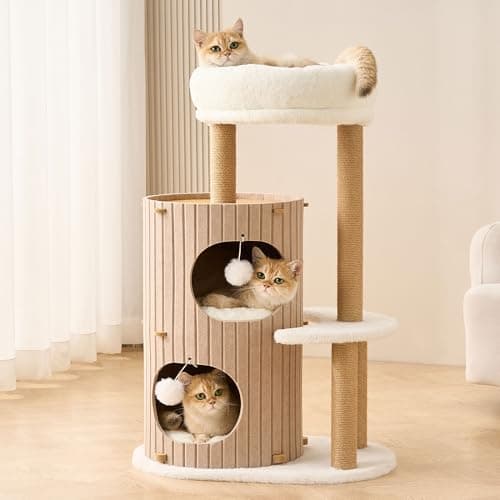 Kicari Modern Cat Tree for Indoor Cats Large Adult, 36in H Cat Tree Tower with Scratching Posts, Cozy Cat Bed Cave, Washable Cushions, Dangling Balls, Play&Nap Cat House Condo for All Breeds, Brown