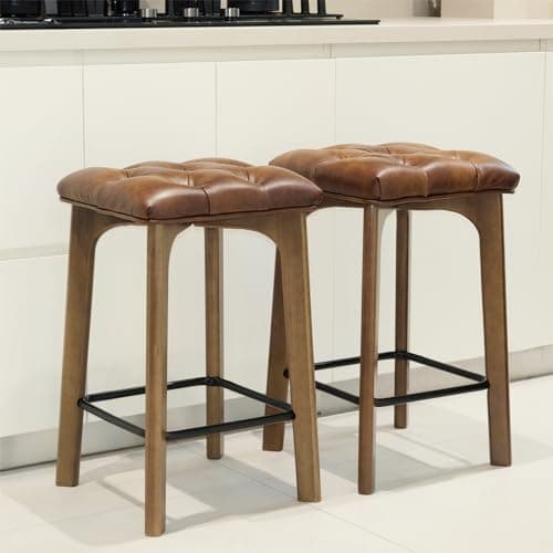 Bar Stools Set of 2, BarEasy 24 inch Counter Height Bar Stools, Barstools Upholstered Faux Leather Bar Stool, Solid Wood Backless Bar Stools For Kitchen Counter Island, Breakfast Bar, Restaurant-Brown