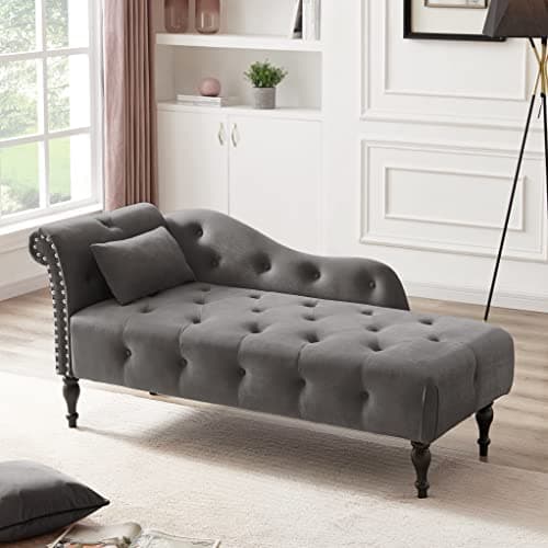 HomJoones Tufted Upholstered Velvet Rolled Arm Chaise Lounges Indoor Chair, Right Arm Facing Chaise Lounge with Nailhead Trim and 1 Pillow,for Living Room Bedroom Office (Grey)