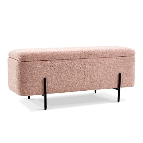 MCombo Storage Ottoman Bench, Teddy Fabric Upholstered Footstool with Storage Space, Bed End Bench for Bedroom, Living Room, Entryway W709 (Pink)