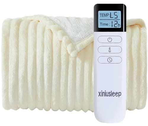 XINIUSLEEP Heated Blanket Electric Blanket 62"x84", Soft Flannel Sherpa Electric Throw with 5 Heating Level & 12 Times Setting, Heated Throw with Overheating Protection, Machine Washable (Beige)