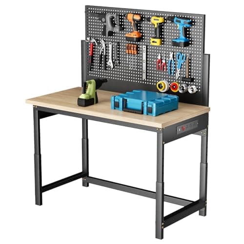 Workbench with Pegboard, Adjustable Height Work Bench Heavy Duty Work Station Table with Power Outlets Work Benches for Garage, Workshop, Home, Office(47.2 inch Wide)