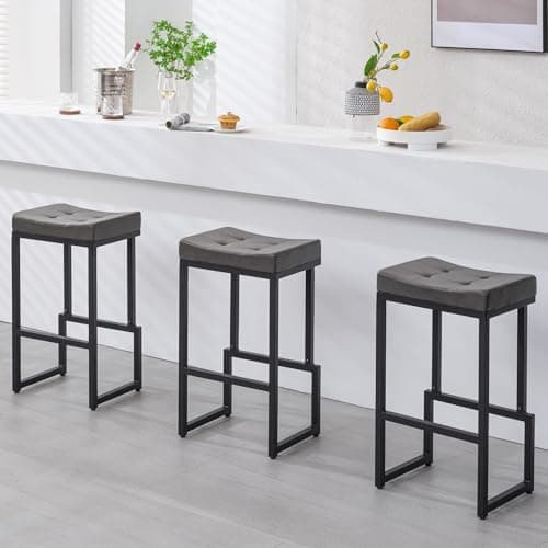 FIRAVOE Bar Stools Set of 3, 28" Counter Height Bar Stools, Faux Leather Barstools for Kitchen Island, Backless Saddle Stools with Metal Legs (Grey, 3PCS 28" Bar Stools)