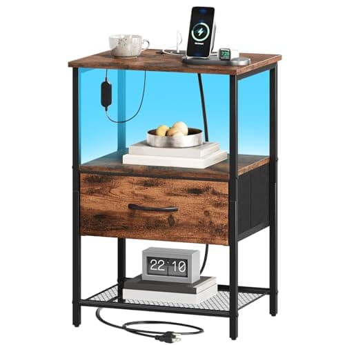 Somdot Nightstand with Charging Station and LED Light for Bedroom, Bedside Table End Table for Dorm Guest Room Bedside Kids Laundry Closet Entryway Hallway, Wood Grain Print