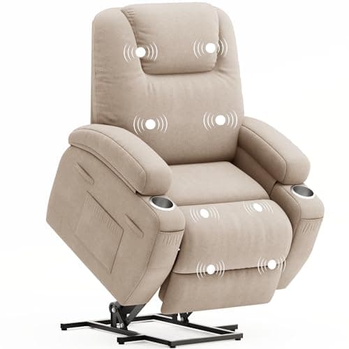 Power Lift Recliner Chair with Massage Ergonomic Recliner Chair for Elderly People, Single Sofa with Cup Holders, Side Pockets (Fabric, Beige)
