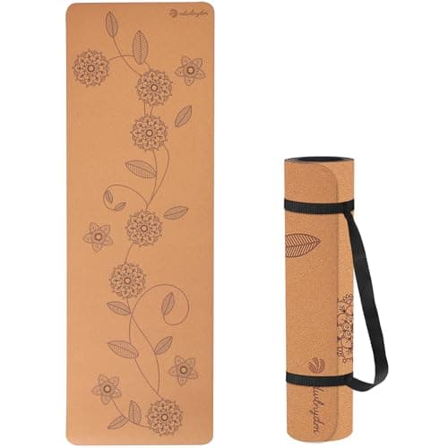 Cork Yoga Mat Sports Mat Natural Cork Environmental Protection TPE Anti Slip and Sweat-absorbing, Suitable for Yoga Pilates Meditation Indoor Fitness(72-Inch x 24-Inch x 5mm Thick) (Flower vine)