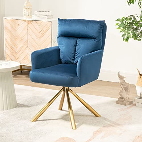 Ugijei Velvet Office Desk Chair No Wheels, Modern Vanity Chair with Gold Legs, Wide Seat Computer Task Chair for Home Office (Blue)
