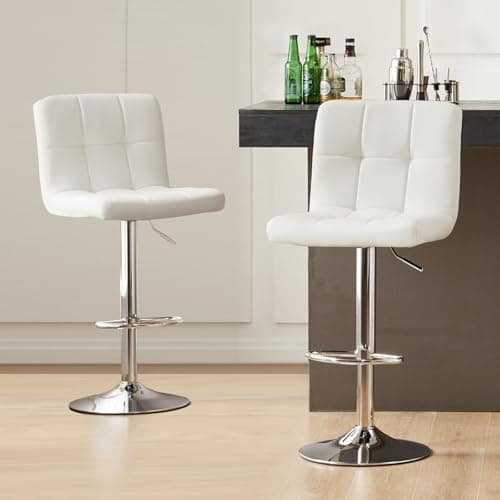 Sweetcrispy Bar Stools Set of 2, Armless PU Leather Adjustable Swivel Barstools, Hydraulic Kitchen Counter Height Thickened Seat Cushion Square Island Countertop Chairs with Back, White