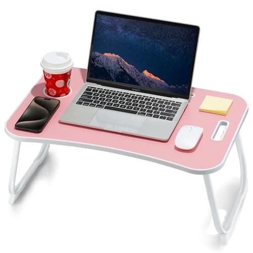 ZEAPTAC Laptop Bed Desk, Foldable Lap Desk, Portable Lap Table, Laptop Stand with Cup Holder & Tablet Slot & Lifting Handle for Working Writing Drawing & Eating - Pink