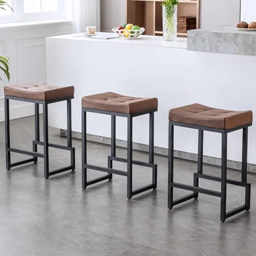 FIRAVOE Bar Stools Set of 3, 24" Counter Height Bar Stools, Faux Leather Barstools for Kitchen Island, Backless Saddle Stools with Metal Legs (Dark Brown, 3PCS 24" Counter Stools)