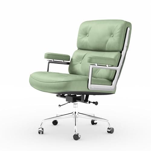 Genuine Leather Office Chair, Mid Back Executive Desk Chairs with Aluminum Arms and Wheels, Swivel Office Leather Chair with Thickened Backrest and Ergonomic Lumbar Support, Light Green