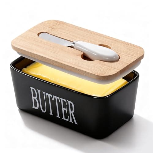 GVUHR Ceramic Butter Dish with Lid And Knife,Airtight Butter Crock with Lid for Countertop,Premium Large Butter Container for Refrigerator,Butter Tray for Butter Storage (Black)