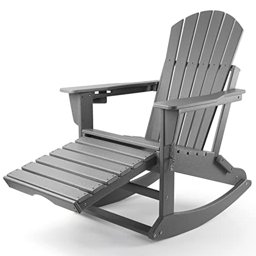 FUNBERRY Adirondack Rocking Chair, 4-in-1 Multifunctional Porch Rocker with Retractable Ottoman & Cup Holder HDPE All Weather
