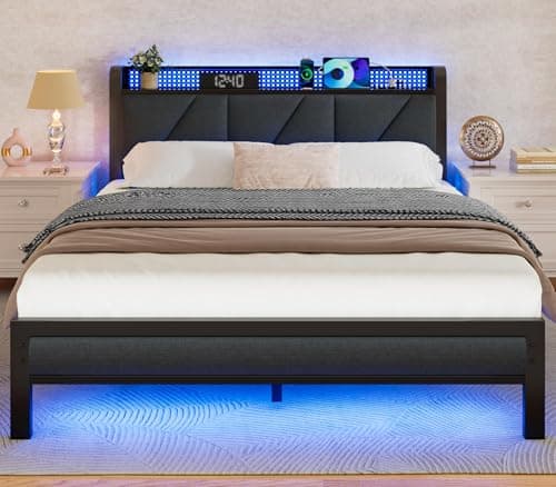 Furnulem Full Size Bed Frame with Headboard and Storage Shelf, LED Light and Charging Station, Metal Platform Bed with Heavy Duty Slats, No Box Spring Needed, Noise Free & Easy Assembly