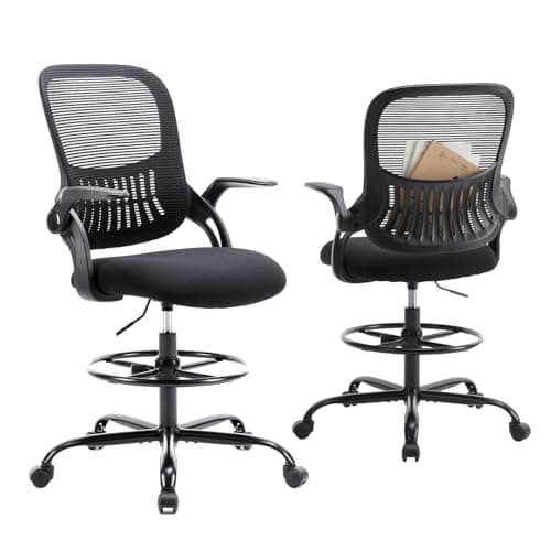 DUMOS Drafting Chair for Standing Desk, Counter Height Adjustable, Flip-up Arms, Ergonomic Mid Back Mesh Rolling Work Swivel Office Computer Chairs with Wheels, Black