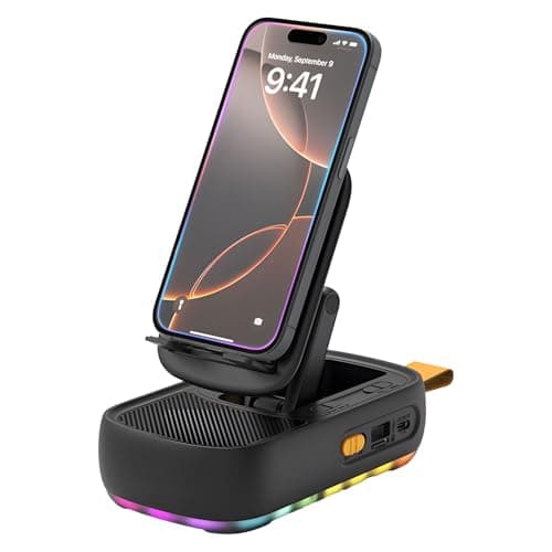 Cell Phone Stand with Bluetooth Speaker and Colorful Ambient Light, 360° Rotation & Foldable Stand, Support TF Card Wireless Speaker for Desk Compatible with iPhone/ipad/Samsung Galaxy (Black)