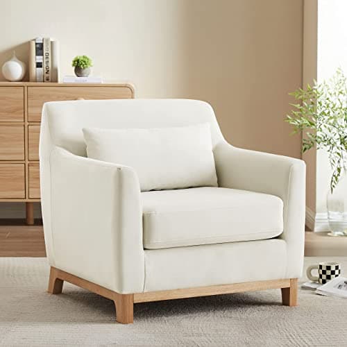 Extra Deep Accent Chair, Fabric Upholstered Comfy Reading Armchair for Living Room, Bedroom Single Seat Sofa Chair with Wood Base, Velvet, Beige