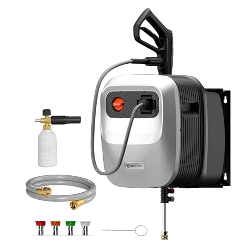 Giraffe Tools Grandfalls Retractable Pressure Washer G20, 2500 PSI 2.2 GPM, 180° Wall Mounted Power Washer, Auto-Retract with 65FT Hose Reel, 5 Nozzles for Floor/Cars/Fences/Patios, Light Silver