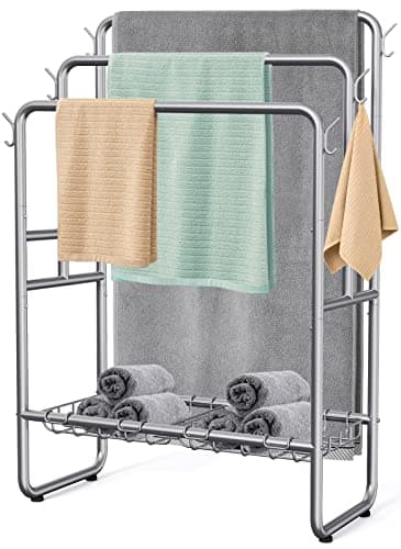Kayfia 40" H Towel Rack Freestanding, 3-Tier Bath Towel Holder Stand with Storage Baskets & Hooks, Blanket Drying and Display Rack for Oversized Bath Towels, Metal Towel Rack Stand Indoor Outdoor