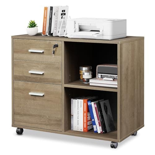 DEVAISE 3-Drawer Wood File Cabinet with Lock, Mobile Lateral Filing Cabinet, Printer Stand with Open Storage Shelves for Home Office, Gray Oak