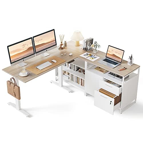 FEZIBO 66 Inches L Shaped Standing Desk with Drawers & Shelves, Executive Desk Adjustable Height Desk, Light Walnut Top/White Frame
