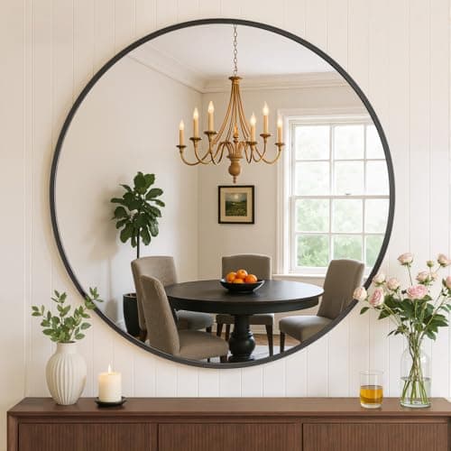 Atilioo Bathroom Mirror for Wall, 24 Inch Round Mirror, Matte Black Metal Framed Circle Vanity Mirror for Bathroom Bedroom Living Room Entryway, Anti-Rust, Tempered Glass, Hanging or Leaning