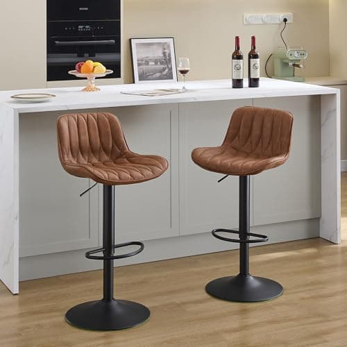 FIRAVOE Swivel Bar Stools Set of 2, Brown Counter Height Bar Stools with Back, Adjustable Bar Stool 25"-33", Modern Faux Leather Barstools for Kitchen Island (Brown, 2PCS)